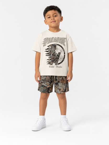 Rebel Minds Kids Paradise tapestry T-shirt in cream, featuring colorful graphic design on soft cotton fabric.