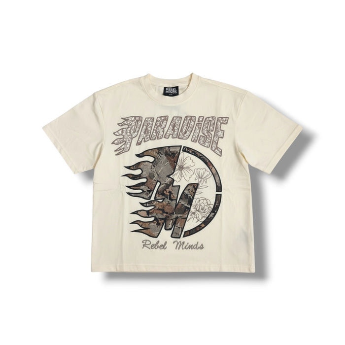 Cream Rebel Minds Kids Paradise Tapestry T-Shirt featuring colorful, artistic design for children, casual and comfortable fit.