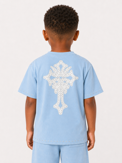 Light blue Rebel Minds Kids Saint T-shirt with a playful graphic design, made for comfortable kids' casual wear.