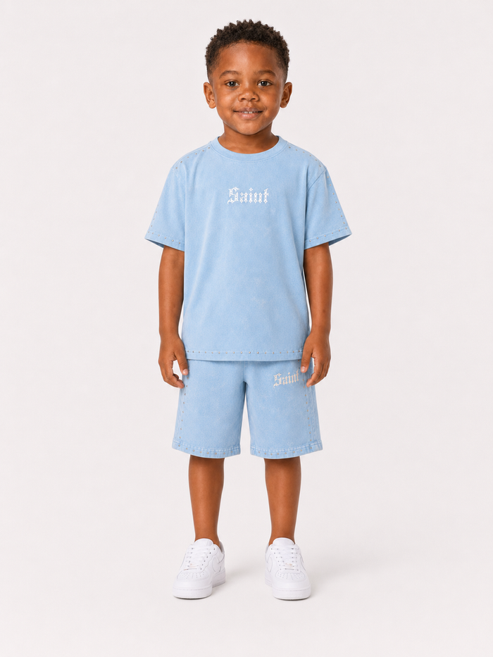 Light blue Rebel Minds Kids 'Saint' T-shirt featuring a stylish graphic design on the front.