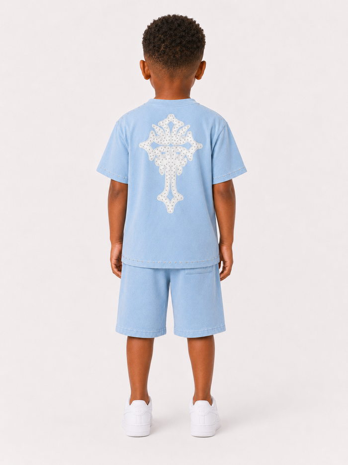 Light blue Rebel Minds Kids Saint T-shirt featuring a casual fit and stylish design, perfect for young fashion enthusiasts.