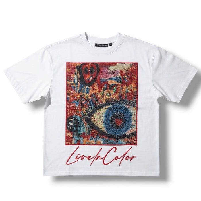 White Rebel Minds 'Live In Color' tapestry T-shirt with vibrant graphic design, casual fit, and short sleeves.