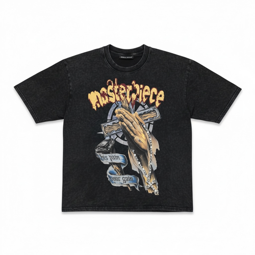 Black Rebel Minds 'Masterpiece Prayer' cropped T-shirt with graphic design and relaxed fit.