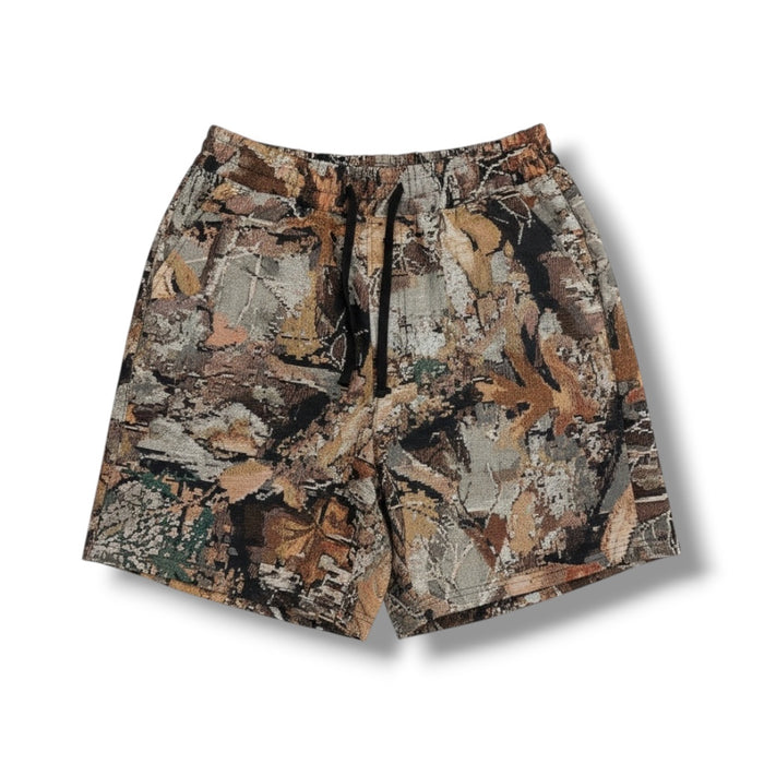 Rebel Minds Paradise Camouflage Tapestry Shorts, casual men's shorts with a vibrant camo pattern, front and back view.