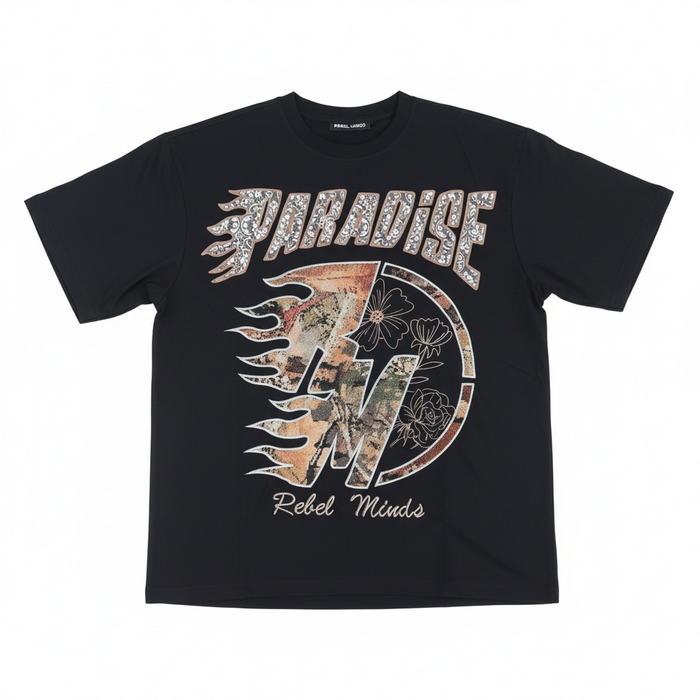 Black Rebel Minds Paradise Tapestry T-Shirt with colorful graphic design on front, casual fit, men's casual tee.