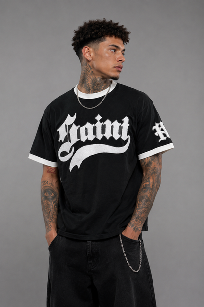 Black Rebel Minds Saint Chenille Ringer T-Shirt with contrasting neckline and sleeve trim, casual fit, made of soft cotton fabric.