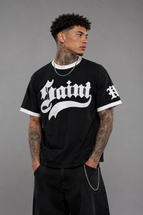 Black Rebel Minds Saint Chenille Ringer T-Shirt with contrasting neckline and sleeve trim, casual fit, made of soft cotton fabric.