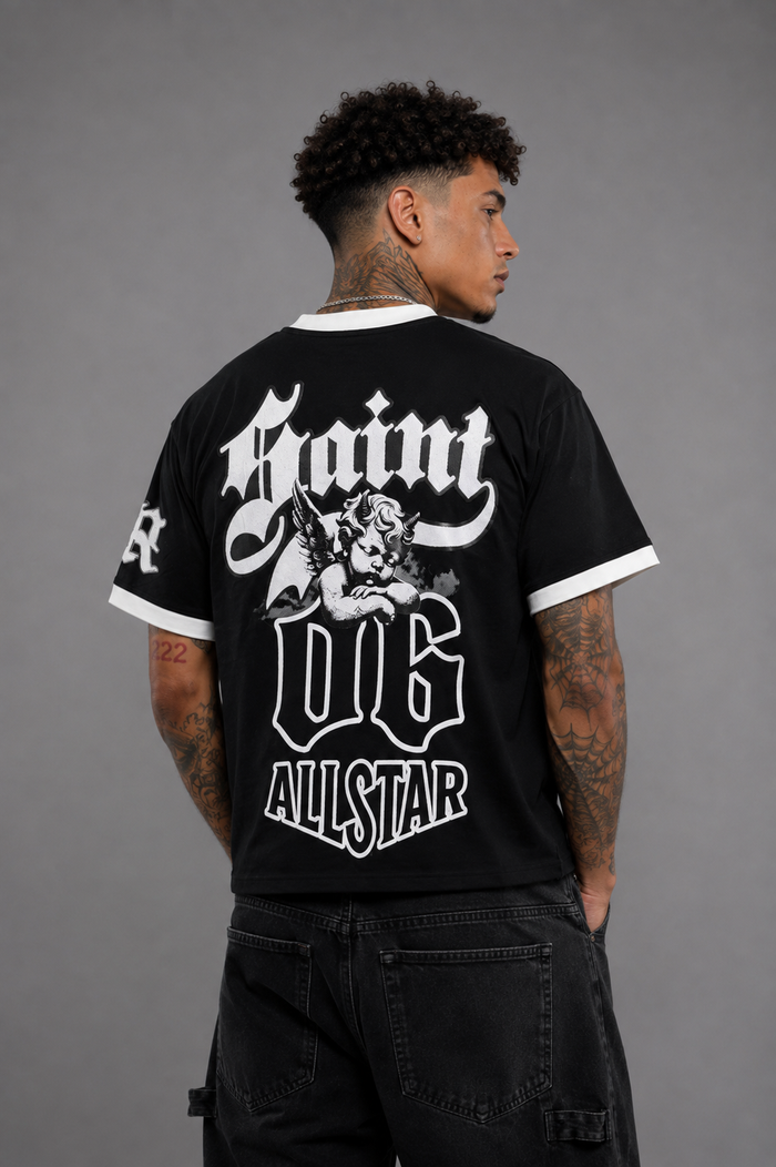Black Rebel Minds Saint Chenille Ringer T-shirt with contrasting collar and sleeve trim, featuring a stylish, casual fit.