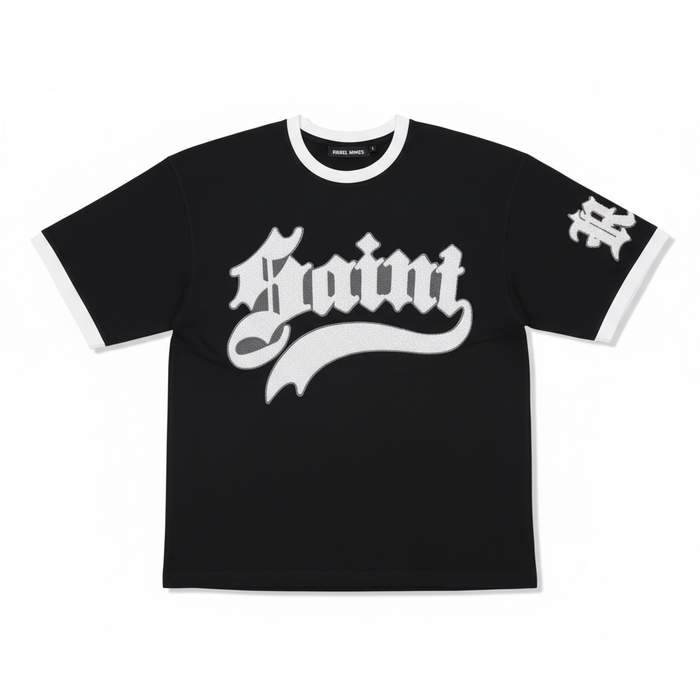 Black Rebel Minds Saint Chenille Ringer T-Shirt with contrasting collar and sleeve cuffs on a flat lay.