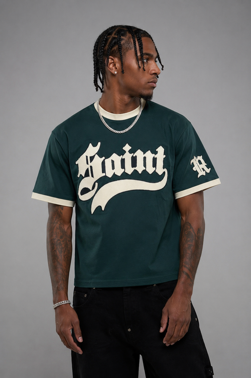 Rebel Minds Saint Chenille Ringer T-Shirt in hunter green, featuring a classic ringer design and embroidered logo on the front.