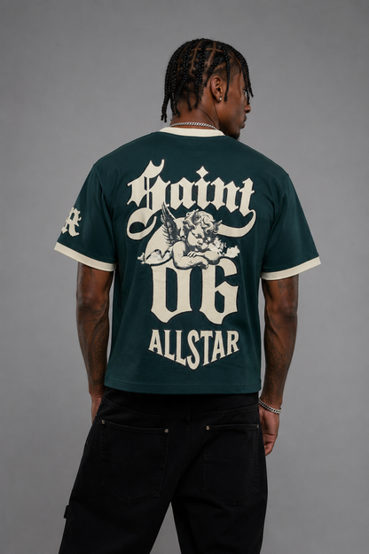 Hunter green Rebel Minds Saint Chenille Ringer T-shirt with contrasting collar and sleeve trim, casual crewneck design.