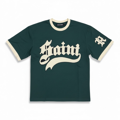 Rebel Minds Saint Chenille Ringer T-Shirt in hunter green, featuring a classic tee design with contrasting collar and sleeve trim.
