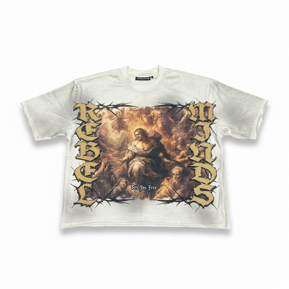 Cream Rebel Minds 'Set You Free' cropped T-shirt, casual tee with graphic design, front view showing fit and style.