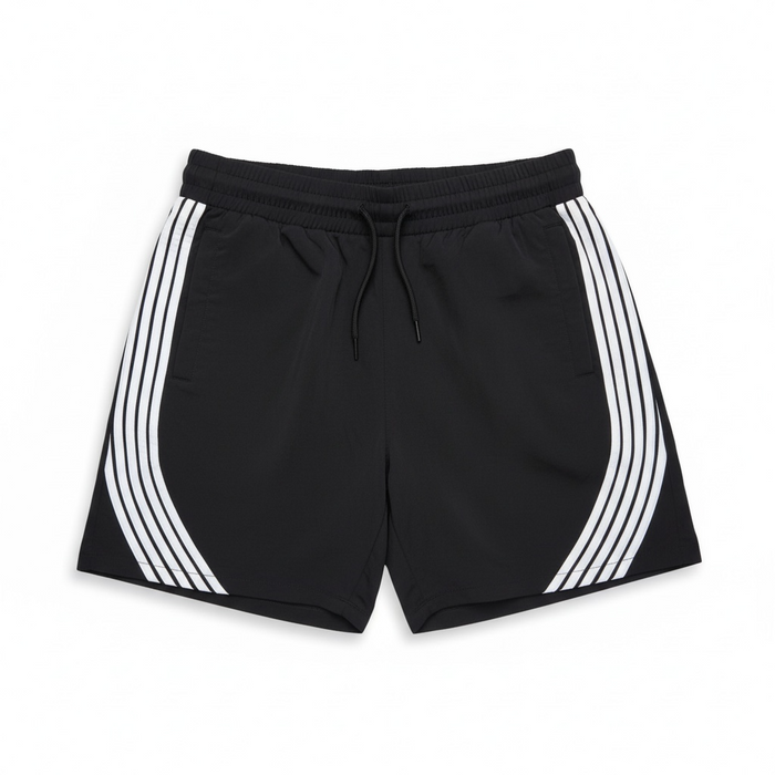 Black Rebel Minds striped nylon shorts with an elastic waistband and casual fit, shown from the front.