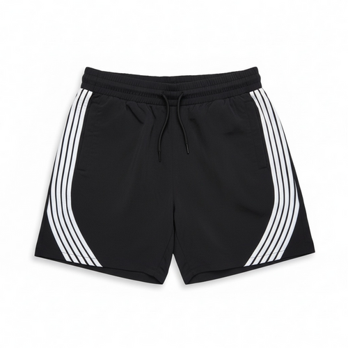 Black Rebel Minds striped nylon shorts with an elastic waistband and casual fit, shown from the front.