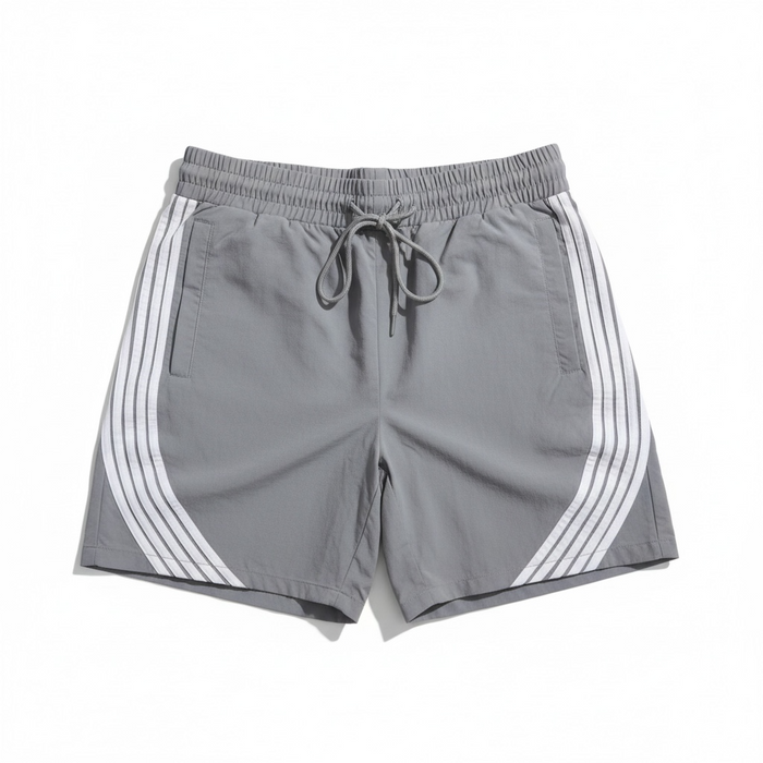 Rebel Minds striped grey nylon shorts with elastic waistband and side pockets, casual and comfortable for everyday wear.