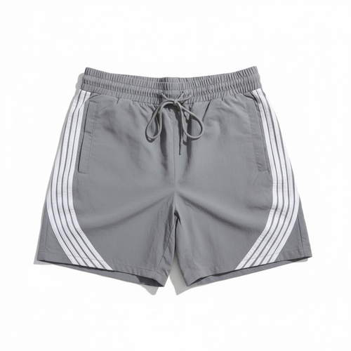 Rebel Minds striped grey nylon shorts with elastic waistband and side pockets, casual and comfortable for everyday wear.