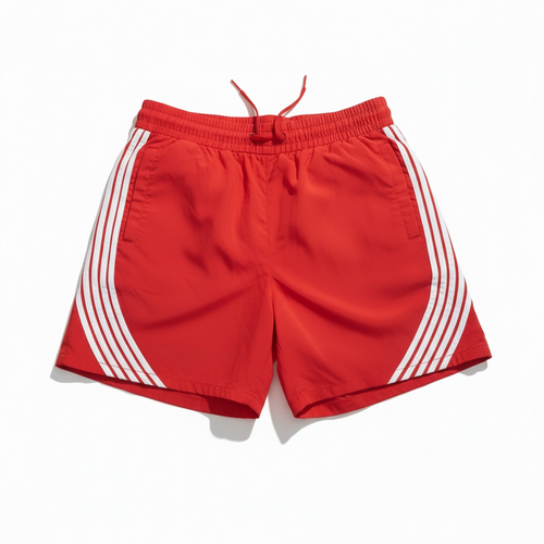 Rebel Minds striped red nylon shorts with an elastic waistband and side pockets, casual summer style.