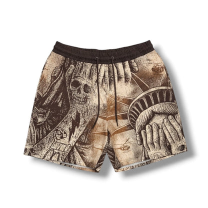 Rebel Minds Weeping Liberty brown board shorts with floral design and adjustable waistband, casual summer apparel.