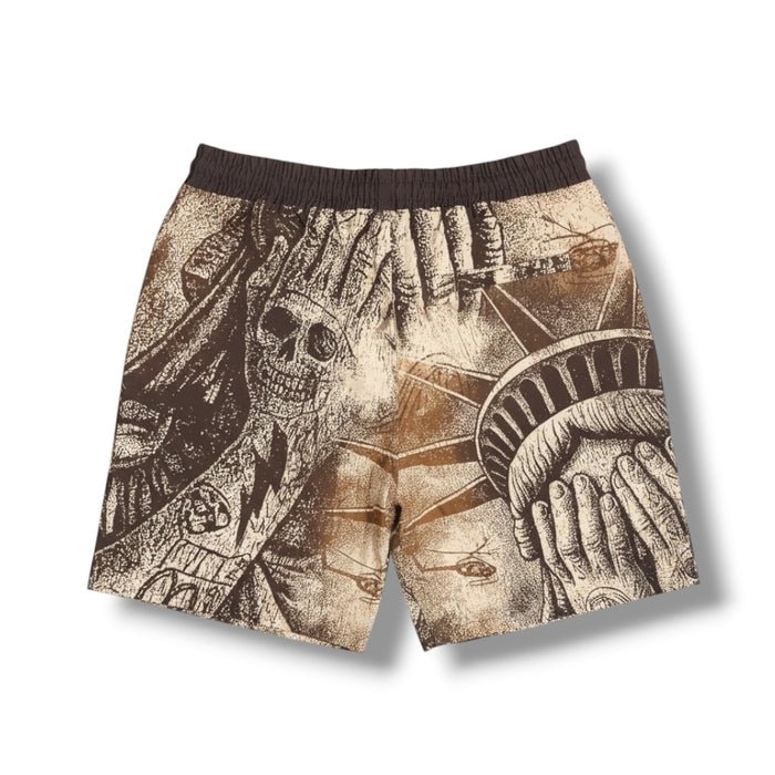 Rebel Minds Weeping Liberty brown board shorts, casual men's shorts with graphic design, front view on white background.
