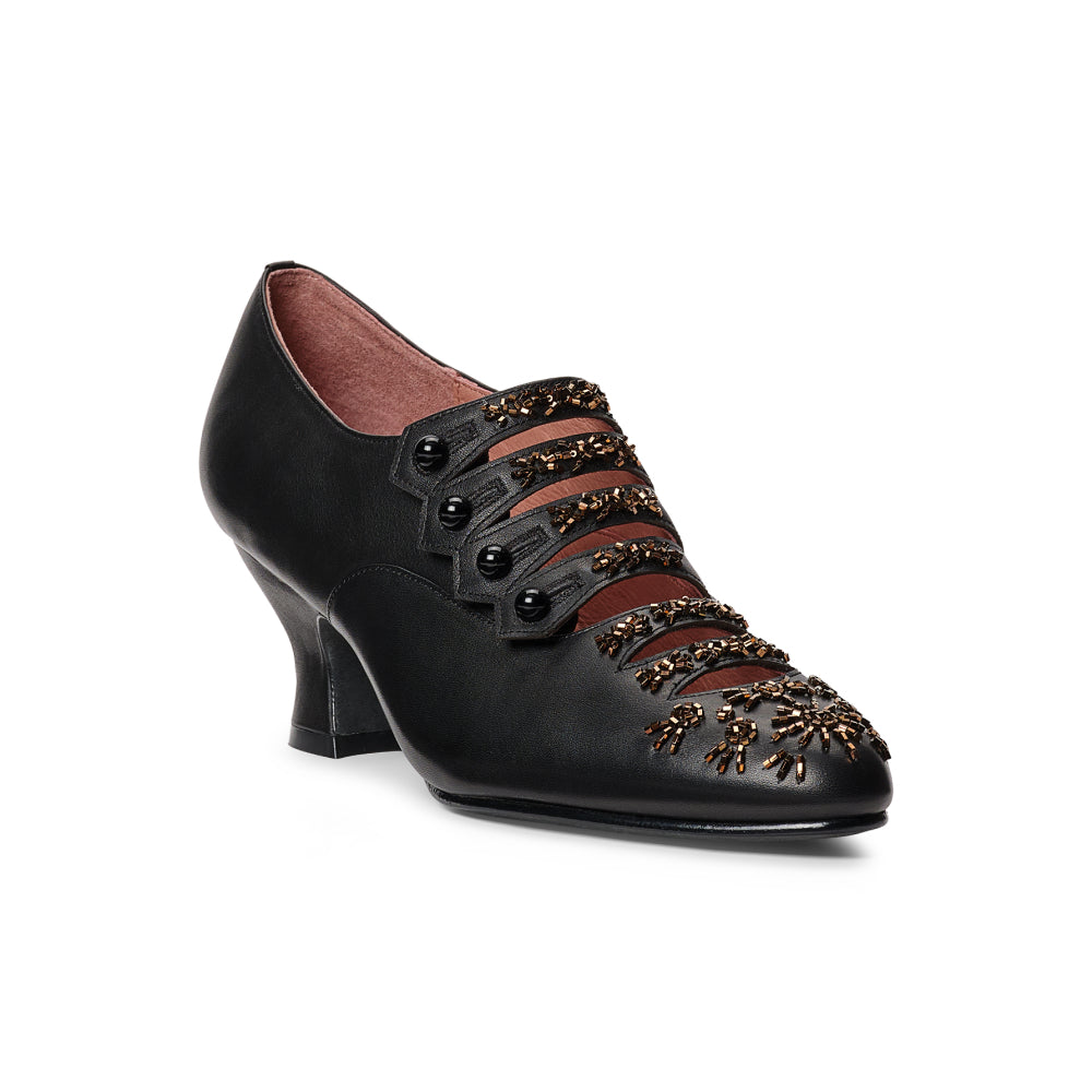 PRE-ORDER Savoy Beaded Edwardian Shoes Wide (Black/Gold)