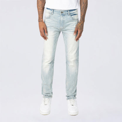 Smoke Rise Clean Look Slim Jeans in Fleck Blue denim, showcasing a fitted style with a slim silhouette and classic blue wash.