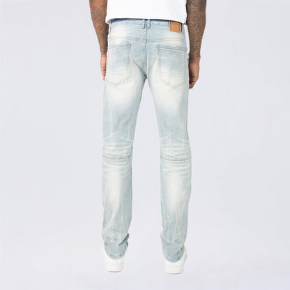 Smoke Rise clean look slim denim jeans in Fleck Blue with a modern fit, featuring a classic blue wash and subtle distressing.