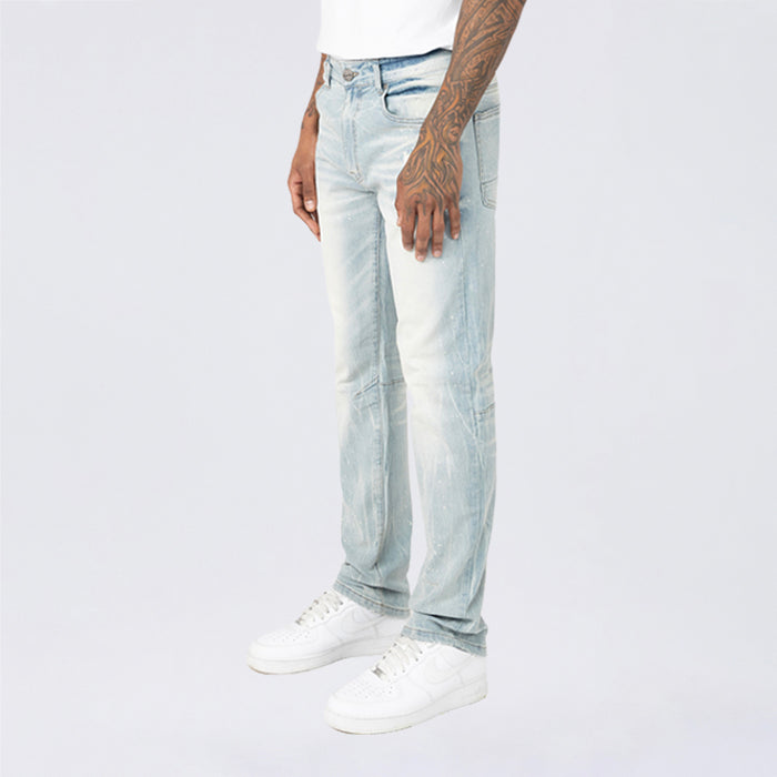 Smoke Rise Clean Look Slim Jeans in Fleck Blue denim, showing a close-up of the slim fit design and textured fabric detail.