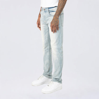 Smoke Rise Clean Look Slim Jeans in Fleck Blue denim, showing a close-up of the slim fit design and textured fabric detail.