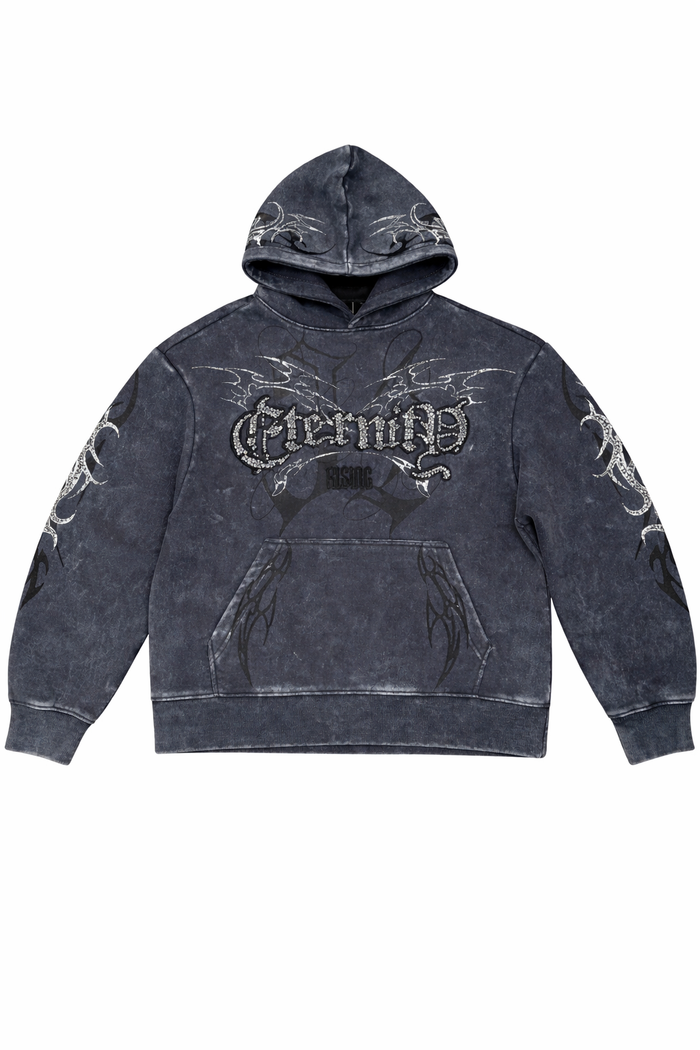 Smoke Rise Eternity hoodie in asphalt color, featuring a comfortable fit and stylish design, displayed on a hanger.