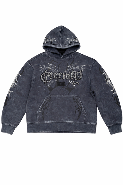Smoke Rise Eternity hoodie in asphalt color, featuring a comfortable fit and stylish design, displayed on a hanger.