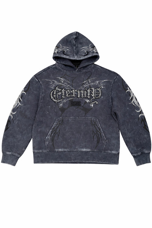 Smoke Rise Eternity hoodie in asphalt color, featuring a comfortable fit and stylish design, displayed on a hanger.