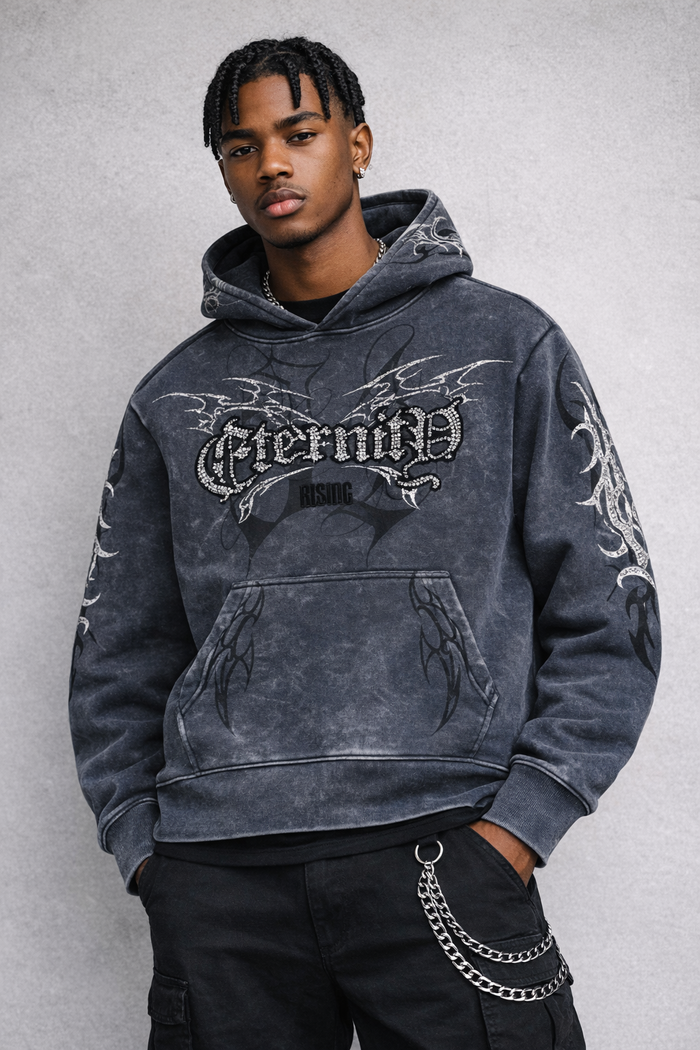 Smoke Rise 'Eternity' hoodie in asphalt, featuring a comfortable fit and stylish design, shown in a front view.