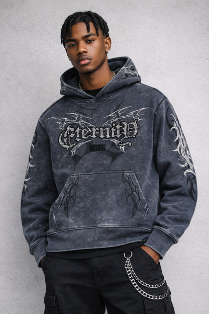 Smoke Rise 'Eternity' hoodie in asphalt, featuring a comfortable fit and stylish design, shown in a front view.