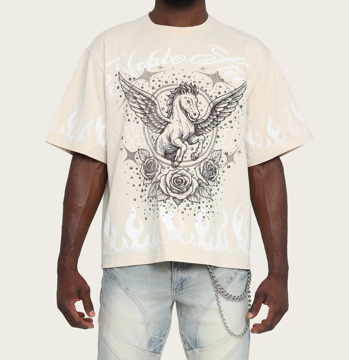 Smoke Rise 'Noble Steed' wide crop shirt in ecru, casual tee with a relaxed fit and stylish design, front view.
