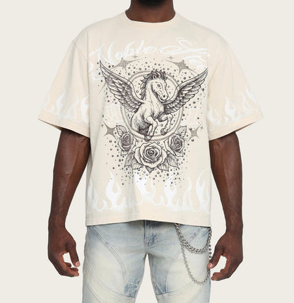 Smoke Rise 'Noble Steed' wide crop shirt in ecru, casual tee with a relaxed fit and stylish design, front view.