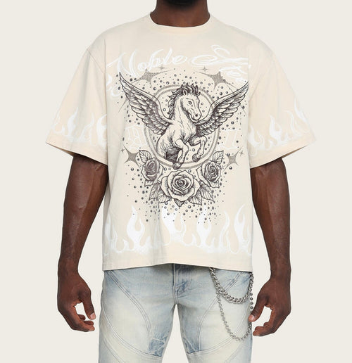Smoke Rise 'Noble Steed' wide crop shirt in ecru, casual tee with a relaxed fit and stylish design, front view.