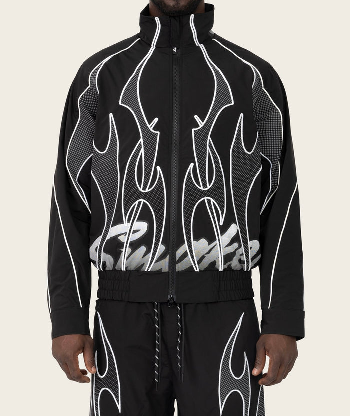 Smoke Rise Racing Gear Shift windbreaker jacket in black, lightweight men's jacket with hood and zip front design.