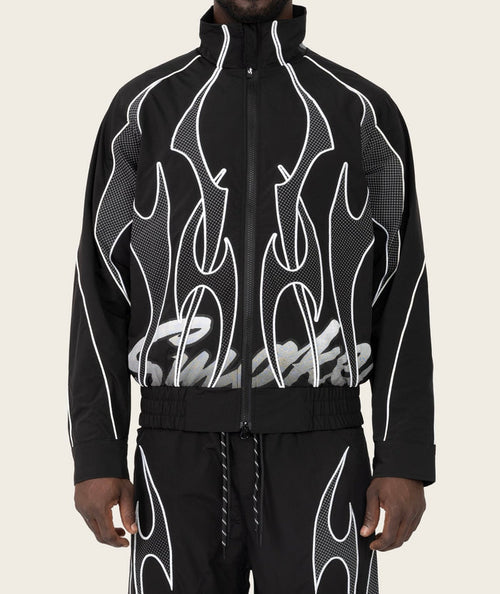 Smoke Rise Racing Gear Shift windbreaker jacket in black, lightweight men's jacket with hood and zip front design.