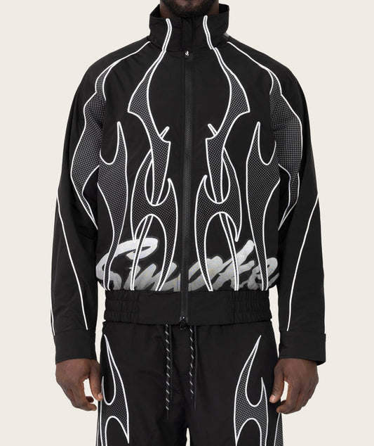 Smoke Rise Racing Gear Shift windbreaker jacket in black, lightweight men's jacket with hood and zip front design.