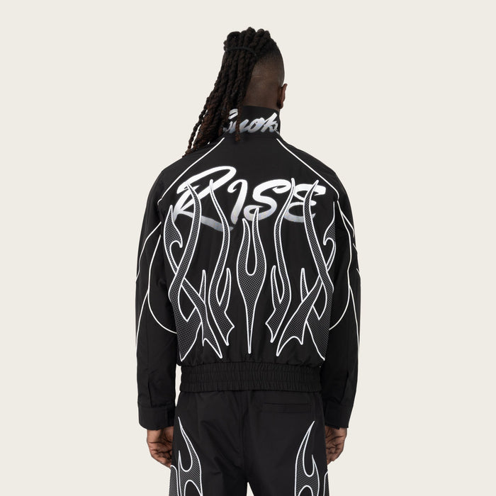 Black Smoke Rise Racing Gear Shift windbreaker jacket with front zipper and sporty design, ideal for active wear and outdoor activities.