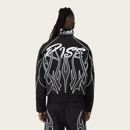 Black Smoke Rise Racing Gear Shift windbreaker jacket with front zipper and sporty design, ideal for active wear and outdoor activities.