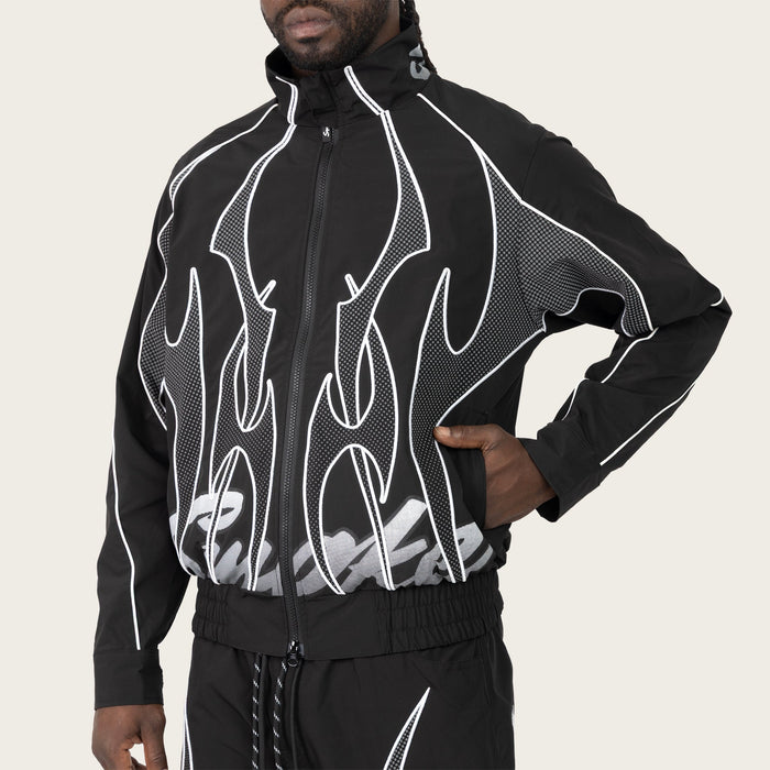 Black Smoke Rise Racing Gear Shift windbreaker jacket with sporty design and lightweight fabric, front zipper, and adjustable hood.