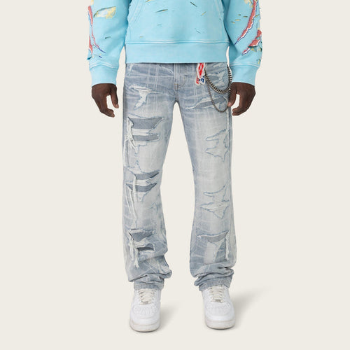 Smoke Rise Racing Jean in Romero Blue denim, straight fit, lightweight denim fabric, visible stitching and classic five-pocket design.