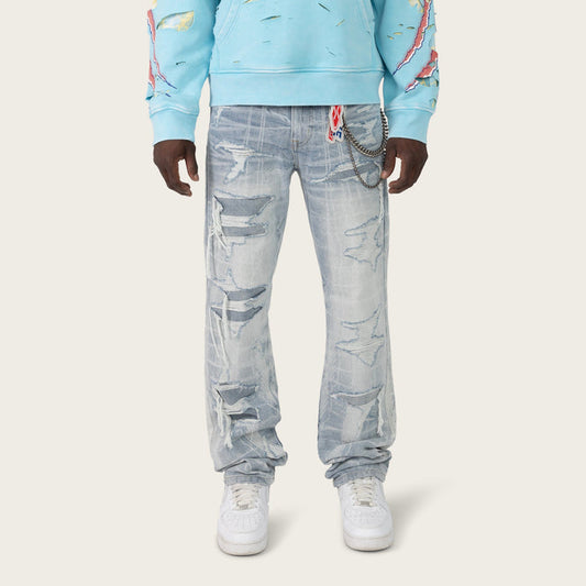 Smoke Rise Racing Jean in Romero Blue denim, straight fit, lightweight denim fabric, visible stitching and classic five-pocket design.