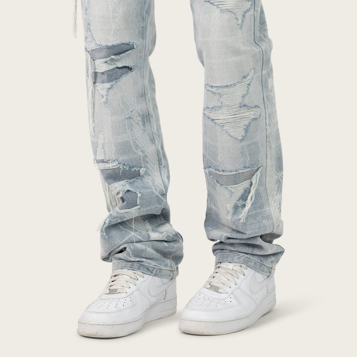 Smoke Rise Racing Jean straight denim in Romero Blue, showing fit and stitching details of these stylish men's jeans.