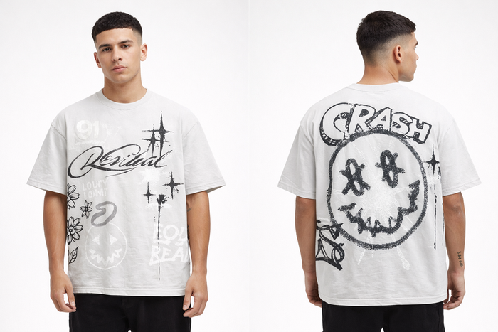 Smoke Rise Smiley Wide Crop Tee in Lunar color, featuring a cheerful smiley graphic, casual tee for trendy streetwear.