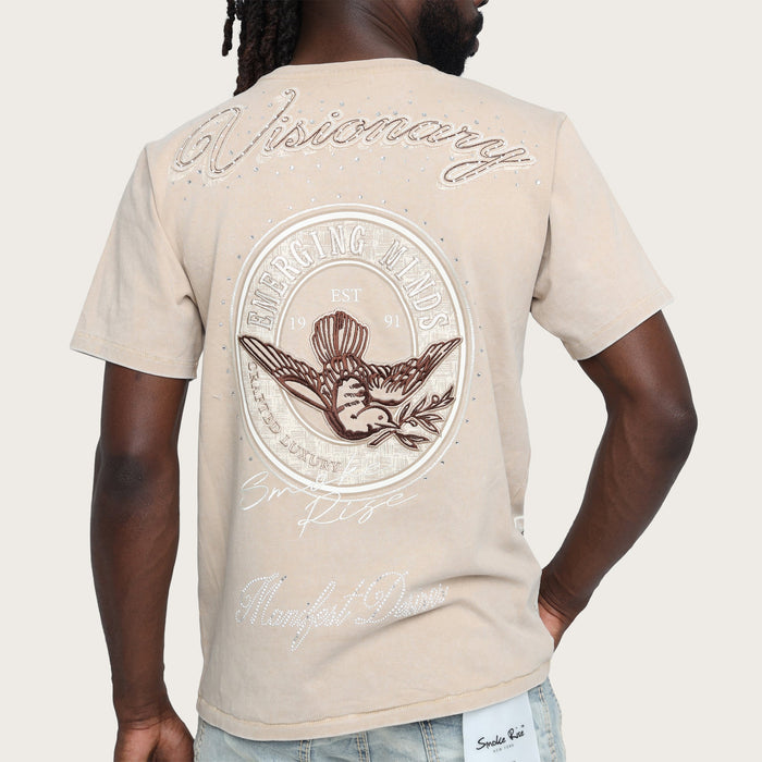 Smoke Rise Visionary T-Shirt in Sesame color, casual cotton tee with graphic design, front view showing neckline and fit.