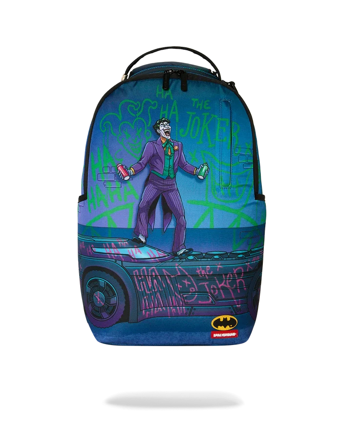 Sprayground DC Joker No Rules backpack with colorful Joker design, durable straps, and spacious main compartment for accessories.