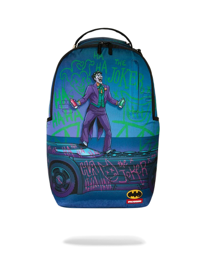 Sprayground DC Joker No Rules backpack with colorful Joker design, durable straps, and spacious main compartment for accessories.